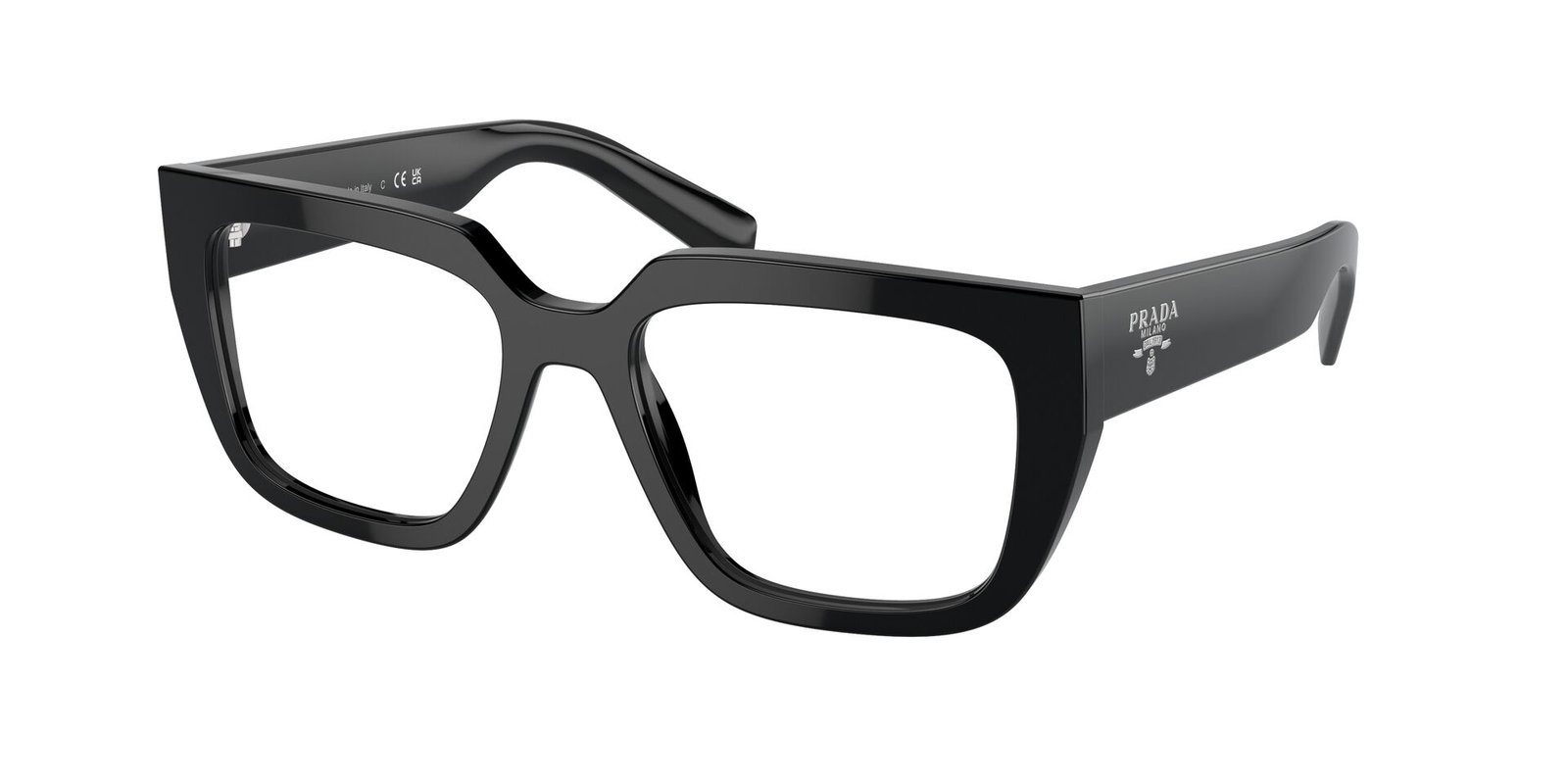 Das Bild zeigt die Prada Brille A03V 16K1O1 in Schwarz leicht schräg von der Seite.